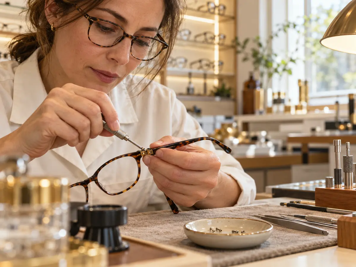 Illustrative optical technician working on an eyeglass frame hinge