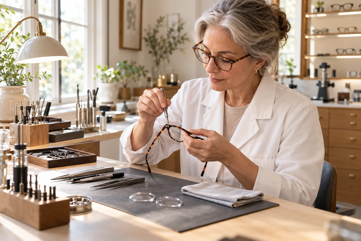 Illustrative technician in an ivory coat examining an eyeglass hinge at an optical workbench