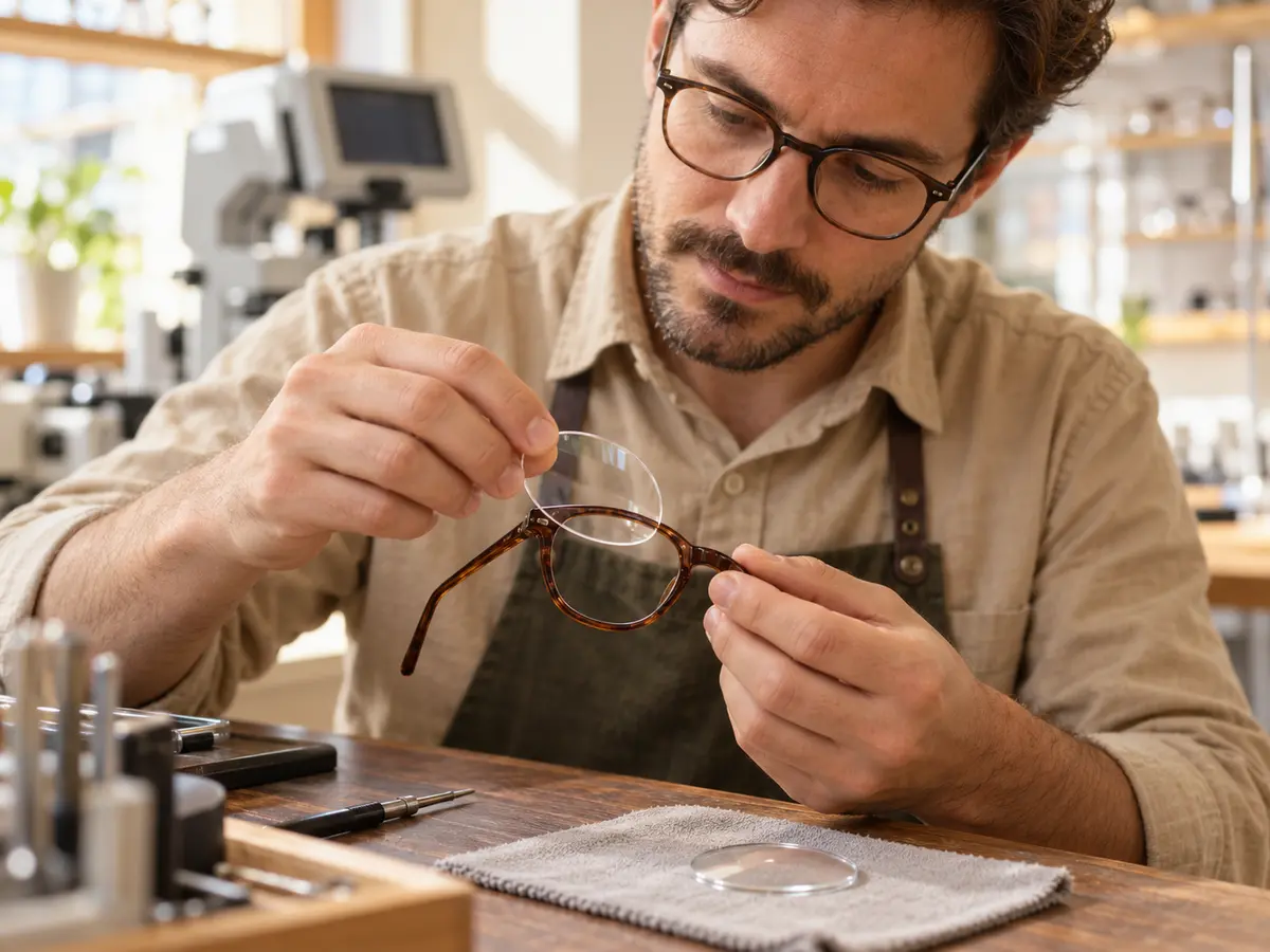 Illustrative optical technician fitting a clear lens into eyeglasses